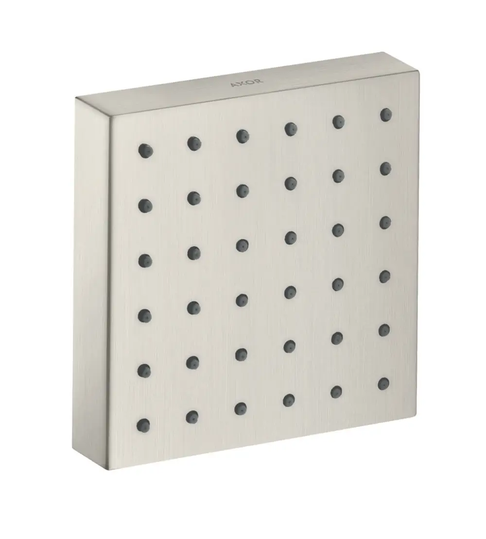 Eckiges Brausemodul mit quadratischer Oberfläche aus Edelstahl und schwarzen Düsen, gefertigt von AXOR, zur Unterputzmontage in Badezimmern.